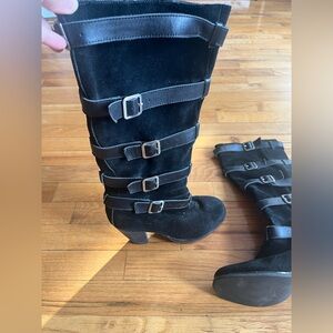 Black Real Suede Mid-Heel Buckle Knee Boots - Women